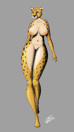 anthro big_breasts breasts cleavage clothed clothing female fur genitals long_legs markings navel nipples nude solo spots spotted_body spotted_fur standing vulva whiskers yellow_body yellow_eyes yellow_fur bryncoops queen_lacheetah_(bryncoops) cheetah felid feline mammal 9:16 absurd_res hi_res