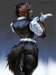 anthro biped black_body black_fur blue_body blue_fur brown_body brown_fur clothing ear_piercing ear_ring fur looking_at_viewer male muscular muscular_anthro muscular_male piercing ring_piercing solo standing topwear vest wearing_gloves simargl_(artist) hyena mammal 2024 3:4 hi_res