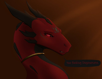 claws dialogue female feral glowing glowing_eyes horn solo teeth text apollyondragon mythology lilith_(apollyondragon) dragon mythological_creature mythological_scalie scalie 2025 bust_portrait digital_media_(artwork) english_text portrait signature