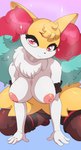 2024 4_fingers absurd_res anthro areola big_breasts black_body black_fur braixen breasts clothing digital_media_(artwork) eyebrows fan_character female fingers fishnet_clothing fur generation_6_pokemon hi_res inner_ear_fluff juzztie kneeling legwear lingerie looking_at_viewer nintendo nipples panties pink_areola pink_nipples pokemon pokemon_(species) red_eyes seraphine_(roflfox) smile solo sparkles stockings tuft underwear white_body white_fur yellow_body yellow_fur