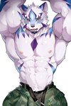 anthro biceps blush bodily_fluids bottomwear bulge clothed clothing looking_at_viewer male muscular muscular_anthro muscular_male nipples simple_background solo sweat sweatdrop topless white_background chung0_0 lifewonders live_a_hero sadayoshi canid canine mammal 2025 hi_res