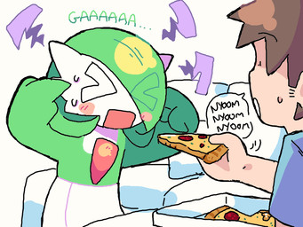 >_< duo eyes_closed female food hair hair_over_eye humanoid_pointy_ears male open_mouth pizza pointy_ears melfunnysmell levitating_pizza nintendo pokemon gaba_(melfunnysmell) gardevoir generation_3_pokemon human humanoid mammal pokemon_(species) 4:3