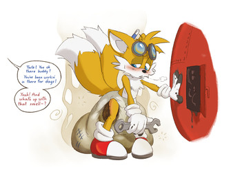 anthro blush diaper diaper_fetish excessive_feces eyewear feces feces_blowout goggles grease hyper hyper_feces hyper_soiling leg_guard_peekage machine male offscreen_character sagging_diaper smelly soiling solo speech_bubble text tired tools unclean_diaper wrench writing_utensil foopybugg sega sonic_the_hedgehog_(series) miles_prower canid canine fox mammal english_text hi_res