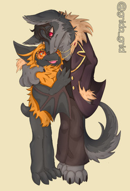 anthro barefoot black_body black_fur black_hair bottomwear claws clothing coat duo fangs feet female fur hair happy hug male male/female membrane_(anatomy) membranous_wings open_mouth orange_body orange_eyes orange_fur orange_hair pants paws red_eyes romantic serious size_difference tail teeth tongue topwear wings gnida_gnid keshyu_(gnida_gnid) bat canid canine canis mammal wolf absurd_res hi_res