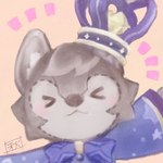 >w< anthro black_nose blush bow_tie clothing crown eyes_closed fur grey_body grey_fur headgear male orange_background plushie purple_bow_tie purple_clothing purple_shirt purple_topwear shirt simple_background solo topwear miyaakino wolfy_(genshin_impact) canid canine canis mammal wolf bust_portrait portrait