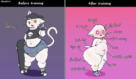 anthro balls before_and_after bell bell_collar big_bulge big_butt black_clothing black_crop_top black_eyes black_fingerless_gloves black_footwear black_gloves black_handwear black_shirt black_shoes black_sneakers black_topwear bone bottomwear bulge butt clothing collar crop_top femboy feminization fingerless_gloves footwear fur genitals genitals_shrinking gesture gloves grey_bottomwear grey_clothing grey_footwear grey_shorts grey_socks hair half-closed_eyes hand_gesture hand_on_hip hand_on_own_hip hands_behind_back handwear height_reduction hypnosis male micropenis middle_finger mind_control moobs multicolored_clothing multicolored_crop_top multicolored_footwear multicolored_shirt multicolored_shoes multicolored_sneakers multicolored_topwear narrowed_eyes navel overweight penis penis_shrinking pink_clothing pink_collar pink_footwear pink_sclera pink_shoes pink_sneakers pose purple_clothing purple_footwear purple_shoes reprogramming shirt shoes shorts shortstack shortstack_male simple_background skateboard skater skull skull_symbol small_balls small_penis sneakers socks solo spiral spiral_eyes standing submissive submissive_male tail tattoo text thick_thighs tongue tongue_out topwear two_tone_clothing two_tone_crop_top two_tone_footwear two_tone_shirt two_tone_shoes two_tone_sneakers two_tone_topwear vehicle whiskers white_body white_clothing white_crop_top white_ears white_footwear white_fur white_hair white_shoes white_sneakers white_tail white_topwear womb_tattoo yellow_sclera axoarts domestic_cat felid feline felis mammal 2026 artist_name digital_media_(artwork) english_text hi_res