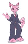 anthro big_ears clothing collar fur gesture hand_gesture male markings necktie pink_body pink_fur pointing red_eyes smile solo striped_markings striped_tail stripes suit tail tail_grab tail_markings emiridian domestic_cat felid feline felis mammal absurd_res hi_res