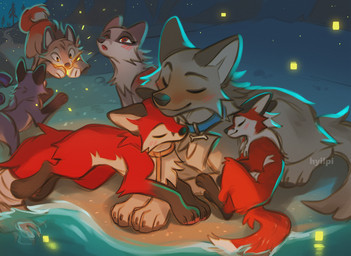 ambiguous_gender blush cheek_tuft collar eyes_closed facial_tuft feral fur grey_body grey_fur group leg_markings markings red_body red_fur smile socks_(marking) text tuft white_body white_fur hyilpi microsoft minecraft mojang xbox_game_studios ruby_(redwoodart) vixy_(hyilpi) canid canine fox mammal red_fox true_fox 2024 artist_name digital_drawing_(artwork) digital_media_(artwork) mother_(lore) mother_and_child_(lore) parent_(lore) parent_and_child_(lore)