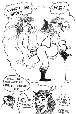 anthro balls big_breasts breasts clone dipstick_tail duo erection female female_penetrated from_behind_position genitals humor male male/female male_penetrating male_penetrating_female markings nipples nude penetration penis profanity selfcest sex square_crossover tail tail_markings text karno canid canine fox mammal english_text monochrome