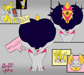 anthro anus bent_over big_butt blood blue_eyes blush bodily_fluids bodysuit boots butt camel_toe cellphone clothing duo electronics female footwear fur gloves handwear high_heeled_boots high_heels male nosebleed phone shocked shoes skinsuit smartphone speech_bubble tail tan_body text thong tight_clothing torn_clothing underwear white_body white_fur wings yellow_body yellow_fur mrmdart praise_da_booty_(meme) sega sonic_the_hedgehog_(series) miles_prower rouge_the_bat bat canid canine fox honduran_white_bat leaf-nosed_bat mammal microbat yangochiropteran hi_res spanish_text