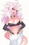 andoid_21 bare_shoulders breasts cleavage clothed clothing ear_piercing ear_ring female hair humanoid_pointy_ears jewelry long_hair looking_at_viewer navel not_furry open_mouth piercing pink_body pink_skin pointy_ears red_eyes ring_piercing simple_background solo spiky_hair tail teeth white_hair inkerton-kun dragon_ball dragon_ball_fighterz majin_android_21 alien alien_humanoid humanoid majin hi_res