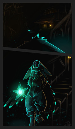 2_panel_comic 4_ears anthro big_breasts bottomwear breasts building clothed clothing colored_fire female fire furred_coat glowing glowing_markings green_fire holding_lantern holding_object house lamp lantern looking_at_viewer markings multi_ear neutral_expression night outside pants plant solo stairs swamp tree winged_arms wings conditional_dnp lodi_(artist) outer_wilds background_character shamey avali absurd_res hi_res restricted_palette gynomorph_(lore)