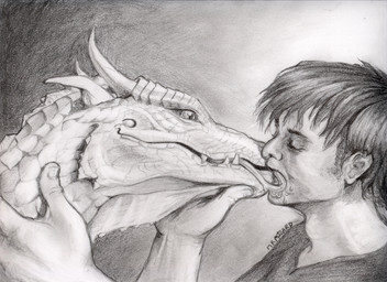 ambiguous_gender bestiality candyside dragon drooling duo eyes_closed face_grab fangs feral greyscale hair holding horn human human_on_feral interspecies kissing male mammal monochrome neck_grab pencil_(artwork) saliva scales scalie teeth tongue traditional_media western_dragon 

Rating: Questionable 
Score: 46 
User: syrmat 
Date: December 18, 2013