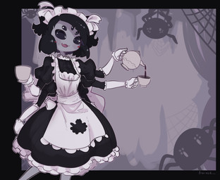 5_eyes 6_arms accessory apron armwear beverage black_clothing black_dress black_eyes black_hair black_sclera black_topwear blush clothed clothed_female clothed_humanoid clothing container cup cute_fangs dress elbow_gloves fangs female female_humanoid fingers frilly frilly_clothing front_view fully_clothed fully_clothed_female fully_clothed_humanoid gloves grey_body grey_skin hair hair_accessory hand_on_hip handwear holding_container holding_cup holding_object holding_tea_cup maid_apron maid_headdress maid_uniform multi_arm multi_eye multi_limb open_mouth open_smile pigtails pouring short_hair smile solo spider_web tea tea_cup teapot teeth topwear uniform white_apron white_armwear white_clothing white_elbow_gloves white_gloves white_handwear imerald undertale undertale_(series) muffet animal_humanoid arachnid arachnid_humanoid arthropod arthropod_humanoid humanoid spider spider_humanoid hi_res