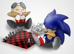 angry anthro blue_body blue_fur blue_hair checkerboard_(object) chess chibi clothing crossed_arms duo eyewear facial_hair footwear fur gaming giggle green_eyes hair happy male shoes simple_background sneakers sulking white_background shirokaze2012 sega sonic_the_hedgehog_(series) dr._eggman sonic_the_hedgehog eulipotyphlan hedgehog human mammal hi_res