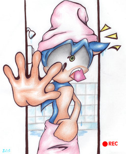 5_fingers anthro big_eyes big_head black_nose blue_body blue_fur camera_view conjoined_eyes covering covering_self fingers fur green_eyes humanoid_hands inside looking_at_viewer male mouth_coming_off_face open_mouth outstretched_arm reaching_towards_viewer recording shocked shower shower_head side_mouth solo surprised tan_body tan_skin tile tile_wall tongue toony towel towel_on_head towel_only towel_wrap wall_(structure) water ecs sega sonic_the_hedgehog_(series) sonic_the_hedgehog eulipotyphlan hedgehog mammal