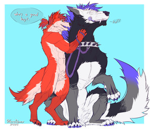abs anthro black_body black_fur blue_body blue_fur claws collar duo ear_piercing facial_piercing fangs feral fur grey_body grey_fur hair leash male open_mouth petting piercing red_body red_fur rubbing scratching simple_background sitting smile standing tail teeth text text_box white_body white_fur dexthegrump mythology dex_(weredemo) wolfyportal canid canine mammal mythological_canine mythological_creature werecanid werecanine werecreature werewolf absurd_res hi_res