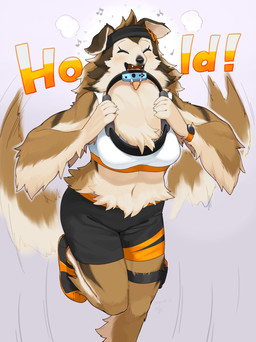 anthro athletic_wear bottomwear breasts brown_body brown_fur clothing countershading exercise eyes_closed female female_anthro footwear fur happy holding_object kemono mature_anthro mature_female multicolored_body multicolored_fur musical_note musical_symbol navel on_one_leg open_mouth shirt shoes shorts simple_background solo standing sweatband symbol tail tail_motion tailwag tan_body tan_fur tank_top teeth text tongue tongue_out topwear white_background kame_3 nintendo nintendo_switch ring_fit_adventure canid canine canis domestic_dog mammal absurd_res english_text hi_res