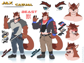 anthro bulge clothing costume male muscular solo samaraka jax_(actionjax17) canid canine fox mammal hi_res model_sheet