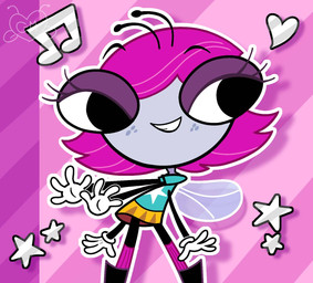 4_arms antennae_(anatomy) anthro black_boots black_clothing black_footwear blue_clothing blue_shirt blue_t-shirt blue_topwear boots bottomwear cartoon_freckles clothing eyelashes eyeshadow female footwear freckled_face freckles grey_body grey_skin hair half-closed_eyes insect_wings long_eyelashes makeup multi_arm multi_limb narrowed_eyes orange_background orange_bottomwear orange_clothing orange_skirt pink_clothing pink_footwear pink_hair pink_socks purple_eyeshadow shirt shoes simple_background skirt socks solo t-shirt topwear wings mags-niac disney the_buzz_on_maggie maggie_pesky arthropod fly_(animal) insect hi_res
