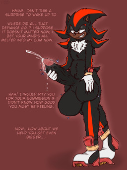 abdominal_bulge absorption_vore anthro ball_fondling balls black_body black_fur bodily_fluids cock_transformation cum cumshot duo ejaculation fondling fur genital_fluids genitals heart_symbol highlights_(coloring) male male_pred narrowed_eyes red_eyes red_highlights sentient_fat sentient_penis simple_background smile smirk text transformation unwilling_to_willing vore vizlottz sega sonic_the_hedgehog_(series) shadow_the_hedgehog eulipotyphlan hedgehog mammal 2022 3:4 english_text hi_res