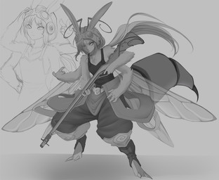 2_toes 4_arms 4_fingers antennae_(anatomy) arthropod_abdomen back_wings barefoot bottomwear clothed clothing eyebrows eyelashes eyewear eyewear_on_head feet female fingers front_view fully_clothed fur goggles goggles_on_head grey_background gun hair hand_on_hip holding_gun holding_object holding_ranged_weapon holding_rifle holding_weapon insect_wings long_ears looking_at_viewer mouth_closed multi_arm multi_limb one_eye_closed oversized_bottomwear oversized_clothing oversized_pants pants ranged_weapon rifle shirt simple_background solo stinger tank_top three-quarter_view toes topwear weapon wide_stance wings 4chan_anon animal_humanoid arthropod arthropod_humanoid humanoid hybrid hymenopteran hymenopteran_humanoid insect insect_humanoid lagomorph lagomorph_humanoid leporid_humanoid mammal mammal_humanoid rabbit_humanoid 2025 digital_media_(artwork) full-length_portrait greyscale hi_res monochrome multiple_images portrait
