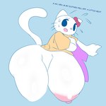 1:1 anthro areola bent_over big_areola big_breasts big_butt big_nipples blue_background bodily_fluids bottomless bottomless_female bow_ribbon breasts butt clothed clothing dialogue embarrassed english_text felid feline female flying_sweatdrops fur hanging_breasts hello_kitty_(character) hello_kitty_(series) hi_res huge_areola huge_breasts huge_butt huge_nipples hyper hyper_areola hyper_breasts hyper_nipples mammal mostly_nude nervous nervous_smile nipples purple_clothing red_bow sanrio shirt simple_background solo sweat sweatdrop talking_to_viewer text tha_randomu topwear white_body white_fur yellow_clothing yellow_shirt yellow_topwear