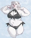 anthro bikini black_bikini black_clothing black_swimwear breasts clothing ear_piercing ear_ring female fur hair navel pawpads piercing ring_piercing slightly_chubby smile snow solo swimwear tattoo two-piece_swimsuit white_body white_fur white_hair niochem bear mammal polar_bear ursine 2022 hi_res