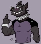 anthro collar eye_patch eyewear happy male piercing solo spiked_collar spikes teeth genericboxhead shadow_von_wolfkin canid canine canis mammal wolf hi_res