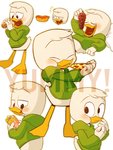 anthro blush bottomless burrito clothed clothing food fruit grape hoodie hot_dog male onigiri pizza plant rice solo text topwear disney ducktales ducktales_(2017) louie_duck anatid anseriform avian bird duck 3:4 hi_res