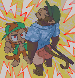 abstract_background aloha_shirt annoyed anthro backwards_baseball_cap backwards_hat baseball_cap big_eyes blue_clothing bottomwear brown_body brown_eyes brown_fur chest_tuft clothing duo facial_hair feet fur gesture green_clothing hair hair_through_hat hairless_ears hairless_face hairless_feet hairless_hands hand_gesture hat headgear headwear holding_object holding_weapon khaki_shorts lightning_bolt long_tail looking_at_viewer male orange_body orange_fur pattern_clothing pattern_shirt pattern_topwear pointing pointing_at_viewer prehensile_feet red_eyes shirt shorts simple_background stick tail tan_clothing textured_background toes toony topwear tuft weapon white_sclera yellow_background snake_venom eight_(snake_venom) knock_(snake_venom) haplorhine mammal monkey primate hi_res