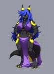 abs anthro big_breasts blue_hair breasts clothed clothing female hair midriff navel solo lapres nintendo pokemon eeveelution generation_2_pokemon pokemon_(species) umbreon 2021 digital_media_(artwork) hi_res