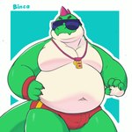 anthro belly clothing eyewear green_body male overweight overweight_anthro overweight_male red_clothing solo sunglasses swimwear whistle_(object) binca_233 brawl_stars supercell_(company) buzz_(brawl_stars) dinosaur prehistoric_species reptile scalie 1:1 hi_res