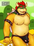 5_fingers ?_block anthro belly bracelet breasts bulge clothed clothing cloud collar eyebrows fangs fingers gradient_background grass green_body horn jewelry male mohawk muscular nipples plant pose red_eyes red_hairband shell simple_background sitting sitting_on_ground sky solo spines studs teeth topless underwear yellow_body welp_can mario_bros mythology nintendo bowser bullet_bill mythological_creature mythological_scalie reptile scalie turtle absurd_res hi_res pinup