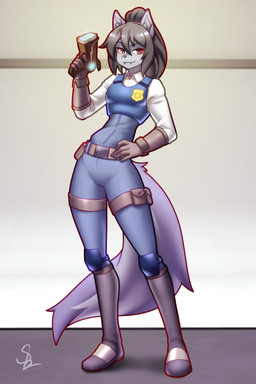 anthro black_hair clothed clothing fangs gun hair looking_at_viewer male ranged_weapon red_eyes solo standing teeth weapon nariikhan hi_res