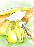 ambiguous_gender blush blush_lines duo eyes_closed feral fur happy inner_ear_fluff orange_body orange_fur paws personal_grooming tail tail_motion tailwag tuft white_body white_fur yellow_body yellow_fur eiroru nintendo pokemon canid canine fennekin generation_6_pokemon human mammal pokemon_(species) 2024 graphite_(artwork) hi_res traditional_media_(artwork)