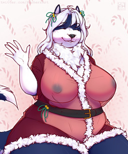 accessory anthro bangs bell belly belt big_breasts black_nose blue_body blue_fur bow_ribbon breasts candy candy_cane clothing curled_tail dessert eyes_closed female food fur gesture hair hair_accessory hair_bow hair_ribbon holidays long_hair makeup mascara neck_tuft nipples overweight red_clothing ribbons simple_background smile solo tail teeth translucent translucent_clothing tuft waving white_body white_fur white_hair wide_hips aucherr christmas christmas_husky canid canine canis domestic_dog husky mammal nordic_sled_dog spitz 2023 hi_res