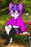 anthro belly bench black_bottomwear black_clothing black_shorts bottomwear clothing crop_top cropped_hoodie dipstick_tail feet femboy furniture glowing green_eyes green_grass hand_on_bench hand_on_knee hand_on_leg heart_nose heart_symbol hood_down hoodie inner_ear_fluff legwear looking_back male markings midriff mismatched_socks nature nature_background navel park park_bench path pink_clothing pink_hoodie pink_nose pink_topwear plant raised_tail shirt shorts sitting sitting_on_balls smug_face solo tail tail_markings thigh_highs topwear tree tuft white_belly white_hands white_tail_tip wood wood_bench wood_furniture gold_mine0 nova_(gold_mine0) domestic_cat felid feline felis mammal hi_res
