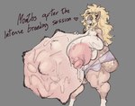 anthro areola big_areola big_breasts big_butt big_nipples blonde_hair bodily_fluids bottomwear breasts butt cellulite clothing denim denim_bottomwear denim_clothing denim_shorts female fetal_movement fur genitals hair hand_on_belly heart_symbol holding_breast huge_areola huge_breasts huge_butt huge_nipples hyper hyper_areola hyper_breasts hyper_nipples hyper_pregnancy lactating multicolored_body multicolored_fur nipples pink_areola pink_nipples pregnant pussy shorts solo standing sweat tail text thick_thighs oxart butterscotch_(void_dew) deer mammal hi_res