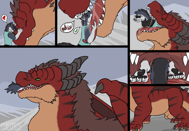 6_panel_comic abdominal_bulge affectionate animal_genitalia anthro anthro_prey balls black_horn black_stripes bodily_fluids body_in_mouth brown_hair drooling duo eyes_closed female female_prey feral feral_pred fully_inside fur genitals green_eyes grey_body grey_fur hair hand_on_snout head_first head_in_mouth heart_symbol horn hugging_tongue in_mouth internal larger_feral larger_male larger_pred male male/female male_pred neck_bulge oral_vore partially_inside purple_eyes red_body saliva sharp_teeth sheath size_difference smaller_anthro smaller_female soft_vore speech_bubble stripes swallowing tan_body tan_fur teeth vore willing_prey rimentus european_mythology mythology allie_(rimentus) coalt canid canine canis dragon furred_dragon furred_scalie mammal mythological_creature mythological_scalie scalie western_dragon wolf 2025 2d_animation animated animated_comic comic dated frame_by_frame multiple_scenes pictographics