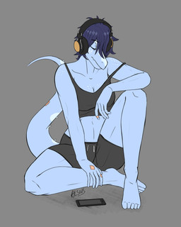 anthro bandaged_hand biped black_bottomwear black_clothing black_crop_top black_shirt black_shorts black_topwear blue_body blue_hair bottomwear breasts cellphone clothed clothed_anthro clothed_female clothing crop_top electronics eyebrow_through_hair eyebrows eyes_closed feet female fingers front_view grey_background hair head_down headphones humanoid_feet humanoid_hands markings medium_breasts medium_hair midriff navel neutral_expression non-mammal_breasts non-mammal_navel phone plantigrade shirt shorts simple_background smartphone solo spiked_tail spikes spikes_(anatomy) spots spotted_markings tail text toes topwear translucent translucent_hair alsius_arcticus cavemanon_studios snoot_game fan_character nova_(snoot_game) baryonyx dinosaur prehistoric_species reptile saurischian scalie spinosaurid theropod 2024 4:5 artist_name colored full-length_portrait hi_res portrait