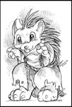 2022 anthro ayeph belt clawed_fingers claws clothed clothing cross-hatching eulipotyphlan female fully_clothed graphite_(artwork) hatching_(art) hedgehog hunched_over mammal monochrome o-kemono pencil_(artwork) robe rope rope_belt shaded simple_background sketch solo spines toe_claws tongue tongue_out torn_clothing traditional_media_(artwork)