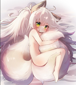 animal_ears blush female female_humanoid fluffy fluffy_tail green_eyes hair holding_tail light_body light_skin lying multi_tail nude nude_female nude_humanoid on_side solo tail white_hair white_tail young young_female young_humanoid sunapua animal_humanoid humanoid 2026 hi_res