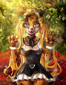 anthro blonde_hair clothed clothing costume digitigrade dress eye_contact female feral fur hair kneeling looking_at_another maid_uniform markings open_mouth pawpads paws plant solo spots spotted_body spotted_fur tree uniform yellow_body yellow_fur alpushart felid leopard mammal pantherine absurd_res digital_drawing_(artwork) digital_media_(artwork) hi_res portrait