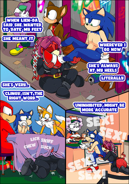 2_tails annoyed anthro belt belt_buckle beverage beverage_can black_border blue_eyes border bothered buckle chilidog clothed clothed_anthro clothed_female clothing dialogue duo embarrassed exhibitionism feet female foot_bite foot_fetish foot_humping foot_in_mouth foot_lick foot_play foot_sniffing fully_clothed fully_clothed_anthro fully_clothed_female green_eyes group leather leather_clothing leg_humping licking lunch male male/female masturbation multi_tail necktie public public_sex purple_eyes quills_(anatomy) sex sniffing soda tail text tongue tinydevilhorns archie_comics sega sonic_the_hedgehog_(archie) sonic_the_hedgehog_(comics) sonic_the_hedgehog_(series) knuckles_the_echidna lien-da miles_prower sonic_the_hedgehog bovid canid canine caprine echidna eulipotyphlan fox hedgehog mammal monotreme sheep absurd_res comic english_text hi_res
