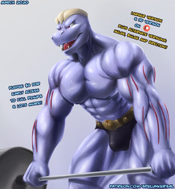 advertisement anthro barbell bulge deadlift exercise male muscular muscular_anthro muscular_male patreon_logo solo text website_logo weightlifting workout spelunker_sal nintendo patreon pokemon generation_1_pokemon machoke pokemon_(species) url
