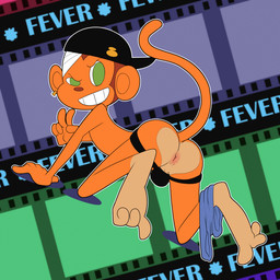 all_fours anthro anus backsack backwards_baseball_cap backwards_hat balls barefoot barely_visible_balls barely_visible_genitalia baseball_cap biped black_clothing black_underwear bottomwear bottomwear_around_one_leg bottomwear_down bulge butt clothed clothing clothing_around_one_leg feet genitals gesture grin hand_gesture hat headgear headwear jockstrap looking_back male naughty_face pants pants_around_one_leg pants_down partially_clothed smile solo superflat underwear v_sign y2k_(graphic_design) jerseydevil bemani konami pop'n_music m.c.h.t_(pop'n_music) haplorhine mammal monkey primate 1:1 flat_colors hi_res
