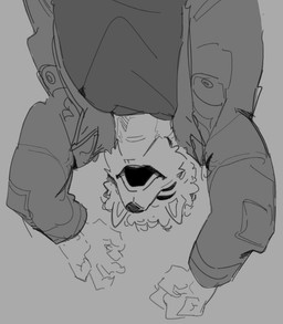 anthro biped clothed clothing eyebrows eyes_closed fingers fur grey_background hair jacket male open_mouth shirt simple_background solo teeth topwear upside_down goonie-san goon_(goonie_san) canid canine canis domestic_dog mammal monochrome