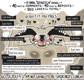 anthro blood bodily_fluids claws comments dialogue drooling fur holding_both_ears humiliation imminent_vore long_ears male nosebleed saliva sweat text koalarobot_(artist) naruto kurama canid canine fox mammal tailed_beast 2026 digital_media_(artwork) english_text