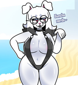 anthro bangs beach bikini black_lips blunt_bangs clothing dialogue eyeshadow eyewear female glasses hair lips makeup multicolored_hair one-piece_swimsuit sling_bikini solo swimwear two-piece_swimsuit two_tone_hair white_hair lornalla bnuyu_(lornalla) lagomorph leporid mammal rabbit absurd_res hi_res